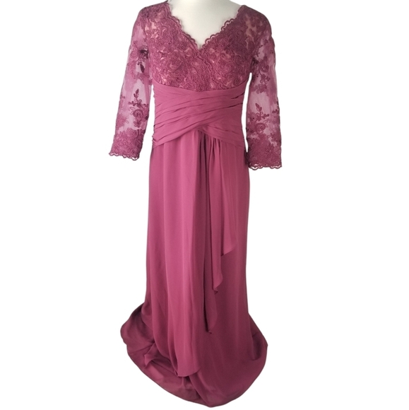Azazie Joan Mulberry Sheath V-Neck Lace Chiffon Dress Size L Bridesmaid - Picture 2 of 16